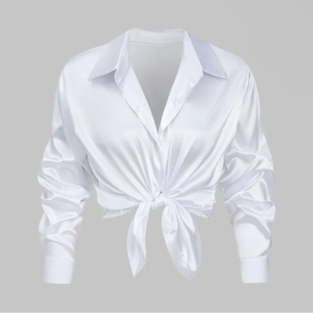 Elegant White Satin Tie-Front Blouse